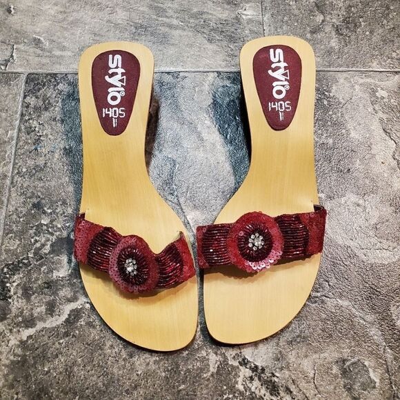 Vintage 90s y2k Wood Floral Beaded Satin Block Heel Slide Sandals 8 - Picture 2 of 8